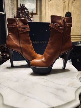 Sergio Rossi Cognac Leather Platform Ankle Boots